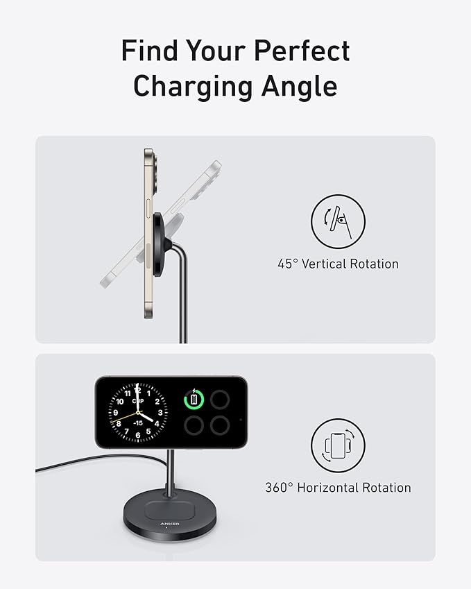 Anker MagSafe Compatible MagGo Charger Stand, iPhone 17 Wireless Charger, 2-in-1 Charging Station, Qi2 Certified 15W Fast Charging, for iPhone 17/16/15/14/13/12, AirPods Pro (Black, No Adapter)