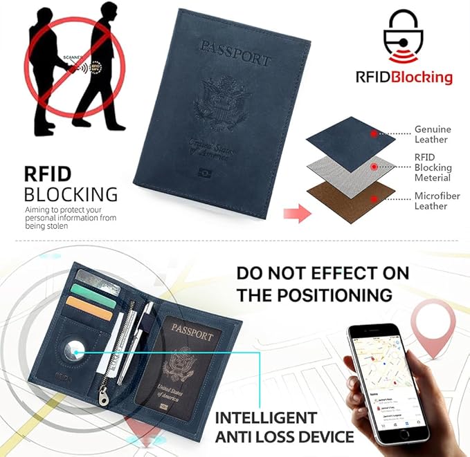 CONTACTS Full Grain Leather Passport Holder RFID Blocking Travel Passport Wallet Compatible with Airtag Passport Cover Case with 4 Card Slots, Coin Pocket (US Passport Stamp, Blue)