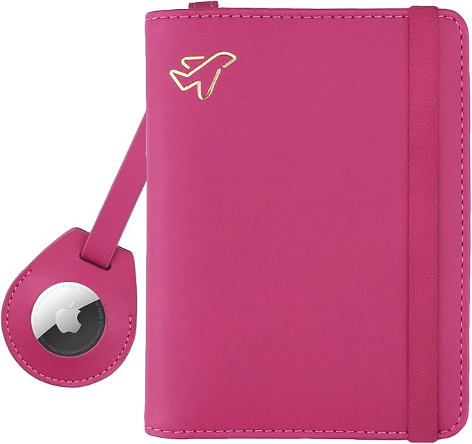 WALNEW AirTag Passport Holder, PU Leather Airtag Wallet RFID Blocking Passport Cover Travel Essentials Case for Women Men (Hot Pink)