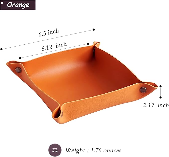 Foldable Leather Catchall Tray, Jewelry Organizer for Travel, Nightstand, Home or Office (Orange-S)