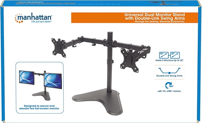 Universal Dual Monitor Stand with Double-Link Swing Arms Holds Two 13" to 32" LCD Monitors up to 8 Kg (17 Lbs.), Black