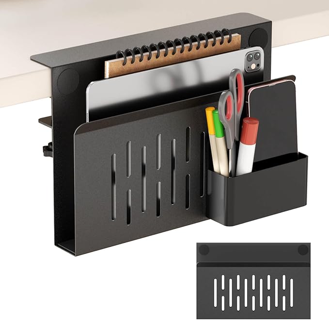 Onemake Desk Side Storage, No Drill Laptop Holder, Clamp on Desks Shelf with Magnetic Pen Holder, Hanging Desk Organizer for Home Office, Fits Flat Edge Tables 0.4" to 2.3"