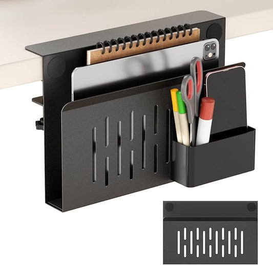 Onemake Desk Side Storage, No Drill Laptop Holder, Clamp on Desks Shelf with Magnetic Pen Holder, Hanging Desk Organizer for Home Office, Fits Flat Edge Tables 0.4" to 2.3"