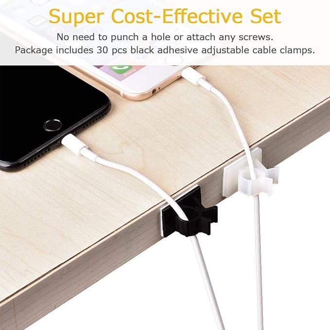 Viaky 30 Pcs Black Cable Wire Clips Adjustable Nylon Wire Holder Adhesive Cable Management Suitable for Maximum Diameter 0.4 inch (10.3mm) Cables