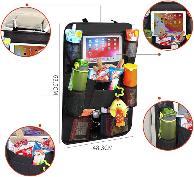 Backseat Car Organizer, 2 Pack Kick Mats Back Seat Protector with Touch Screen Tablet Holder, 9 Storage Pockets for Travel Accessories & Toys, Waterproof & Easy-Clean Black Protector