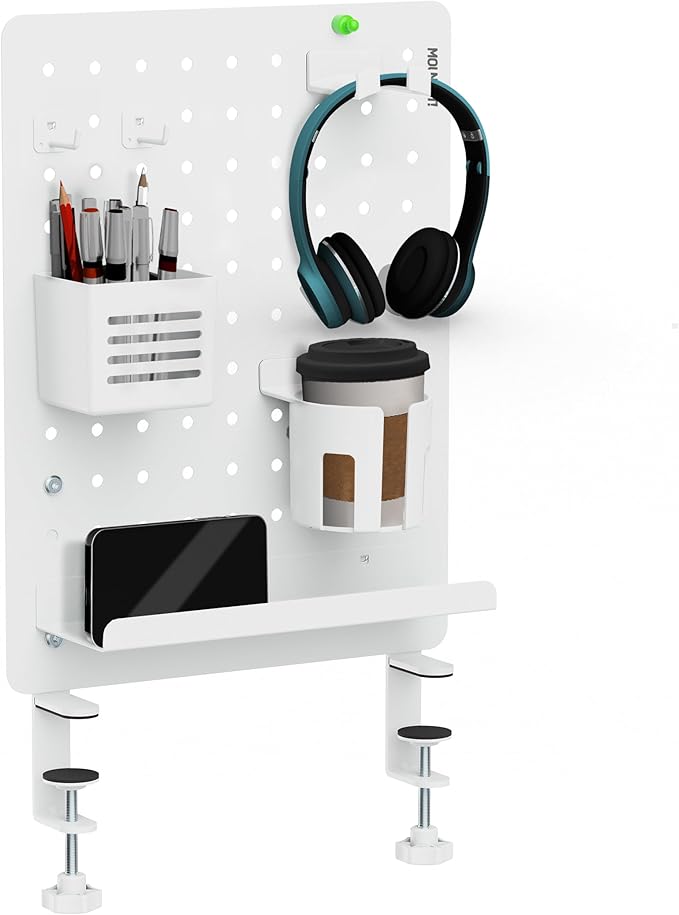 Mount-It! Clamp-On Pegboard Organizer | Adaptable Desk Storage for Home Office, Gaming & Crafting | Easily Organize Essentials with Shelf, Cup Holder & Hooks (White)