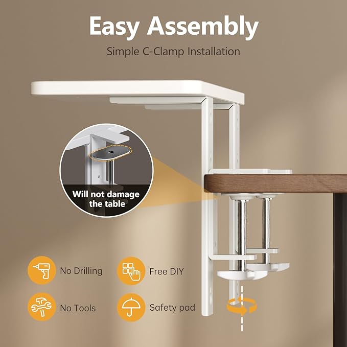 3 in 1 Clamp-on 15.7"×7.5" Desk Extender, Heavy-Duty Side/Top Desk Organizer Shelf, Adjustable Desktop Storage for Office Accessories, Monitor and Laptop Riser, White