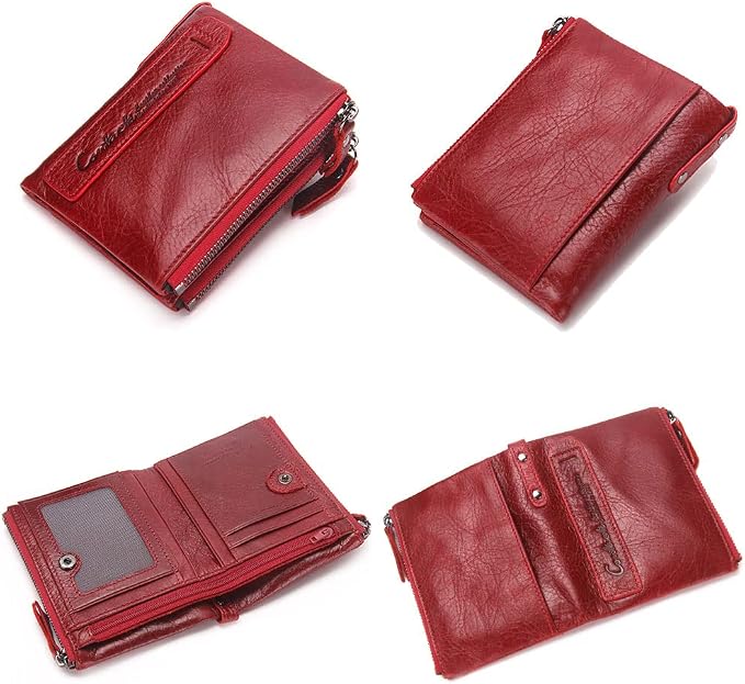 CONTACTS Soft Leather Wallet for Women Small Bifold Coin Purse Double Zipper Card Holder with RFID Blocking (Red)