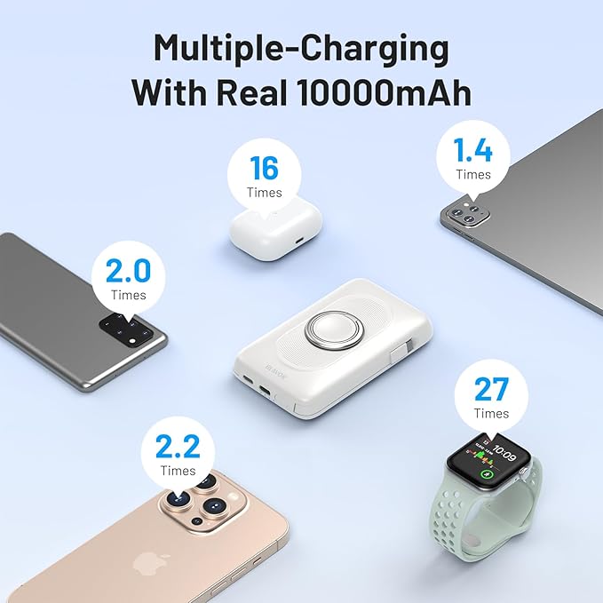 BLAVOR for Magsafe Portable Charger with Built-in Cables, 10000mAh Wireless Magnetic Power Bank with Stand, USB C 20W PD Fast Charging Travel Battery Pack for iPhone 17/16/15/14/13/12 and Apple Watch