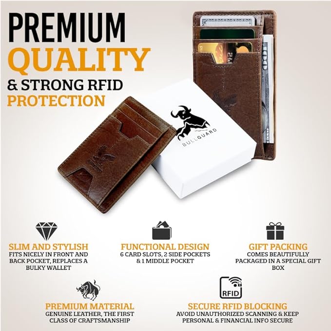 Mens RFID Blocking Leather Slim Card Case Wallet with Easy Access ID windows, Cash & Card Slots, Crafted with Premium Top Grain Leather Ideal for Travel or Everyday Use (Wilderness Eagle Brown)