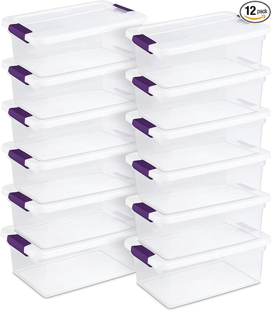 STERILITE 15 Qt ClearView Latch Storage Box, Stackable Bin with Latching Lid, Plastic Container to Organize Shoes in Closet, Clear Base, Lid (Pack of 12)