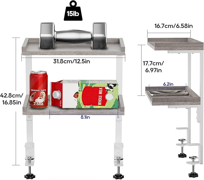 Clamp On Desk Shelf 2-Tier, Wood Shelving Unit for Office Desk/Gaming Accessories, Tabletop Book Storage Rack, Shelf for Top of Desk, Grey