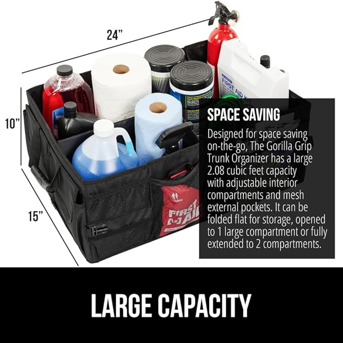 GORILLA GRIP Large Capacity Sturdy Trunk Storage Organizer, Slip and Water Resistant Collapsible Organization Container for Car Sedan or SUV, Multi Compartment Box Vehicle Accessories, 2 Pack, Black