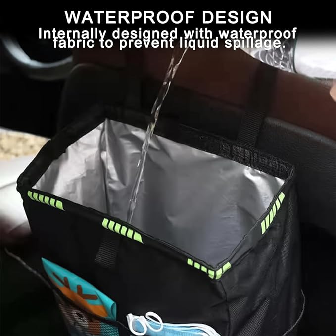 Hanging Car Trash Can with Storage Pockets, Waterproof Leakproof Automotive Garbage Bag, Washable Foldable Large Capacity Vehicle Trash Bin, Universal for RV, SUV, Truck (Black)