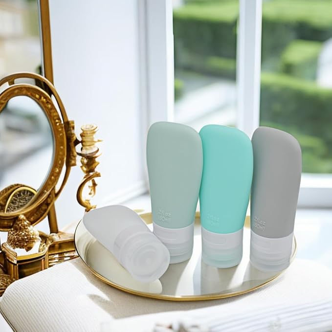 Silicone Travel Bottles, Leak Proof Squeezable Refillable Travel Accessories Toiletries Containers Travel Size Cosmetic Tube for Shampoo Lotion Soap Liquids (2oz Grey/blue/white/green)