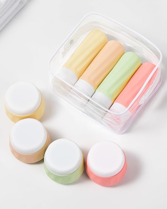 Mrsdry Travel Bottles for Toiletries 8 Pack, Travel Size Toiletries, Tsa Approved Travel Size Containers 3oz, with Travel Essentials Clear Bag, Leak Proof Silicone Squeezable Creams Jars