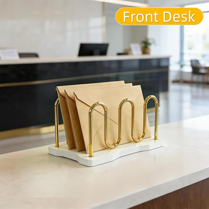 Mail Holder Organizer Countertop, Metal Mail Sorter for Desk, Cutout Mail Storage Bills Organizer Letter Tray Design with Bamboo Base for Home Office (White)