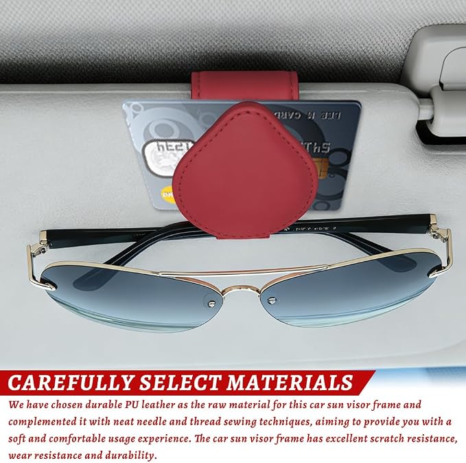 Sunglasses Holders for Car Visor, PU Leather Car Organizer, Magnetic Glasses Holder and Ticket Card Clip, Multi-Functional Auto Sun Visor Eyeglass Holder for Most Vehicles (Wine Red)