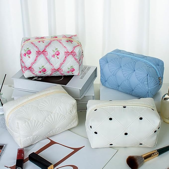 FITINI Makeup Bag Travel Large Portable Quilted Floral Print Cosmetic Organizer Cute Pouch for Women Soft Cotton Zipper Waterproof Toiletry Storage Bags