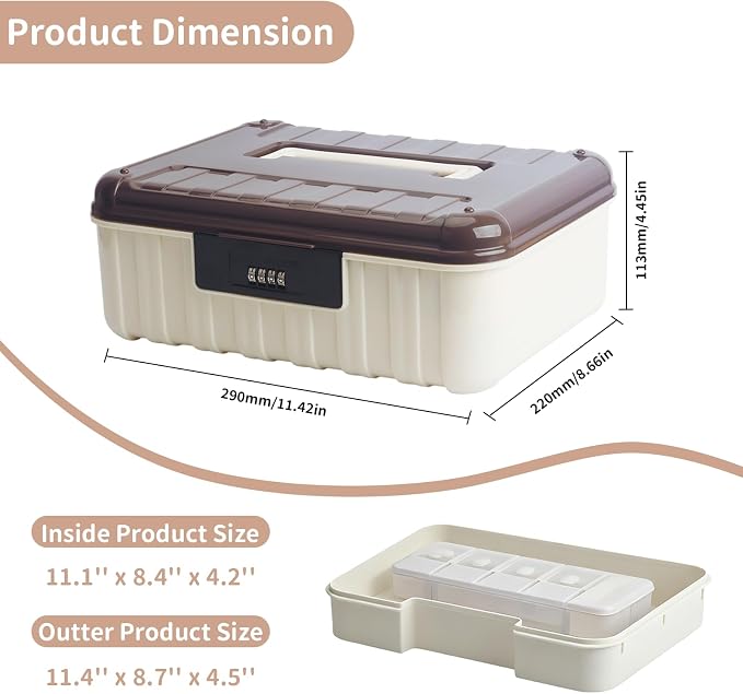 Lockable Storage Container Bin, 2.98 Gallon Medium Capacity Plastic Portable Home Travel Safe Storage for Important Documents File Organizer, Brown