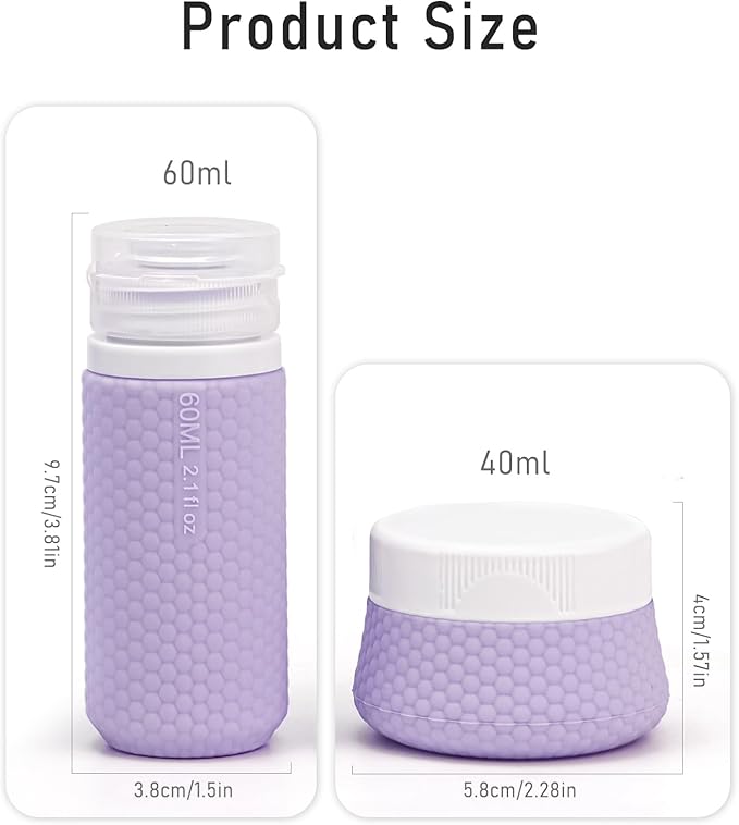 Travel Bottles for Toiletries 2oz 60ml 2 Pack + Cosmetic Jar 40ml 1.35oz Luxury Leather Pattern, Anti-slip Silicone Premium Refillable Bottle Set with Facial Brush On-the-go, Lavender Purple