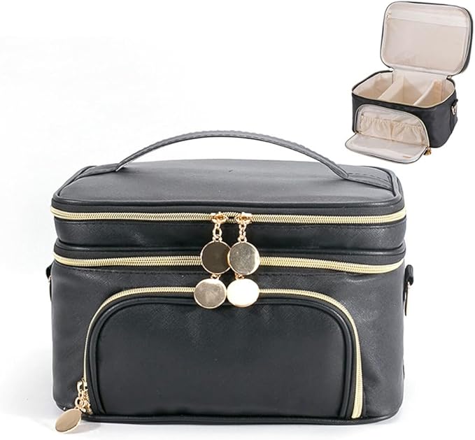 Extral Large Makeup Bag for Women,Double Layer Travel Cosmetic Organizer Case,Skin Care Essentials Toiletries Bags with Shoulder Strap Waterproof Brush Storage with Removable Dividers