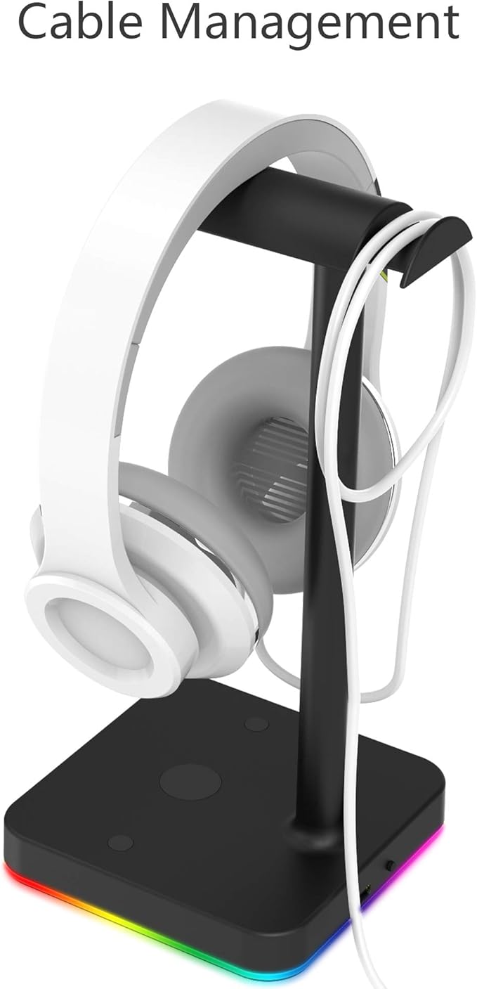 KAFRI RGB Headphone Stand with USB Hub Desk Gaming Headset Holder Hanger Rack with 1 USB2.0 Extension Charging Port Extender Cord - Suitable for Gamer Desktop Table Game Earphone Accessories, Black