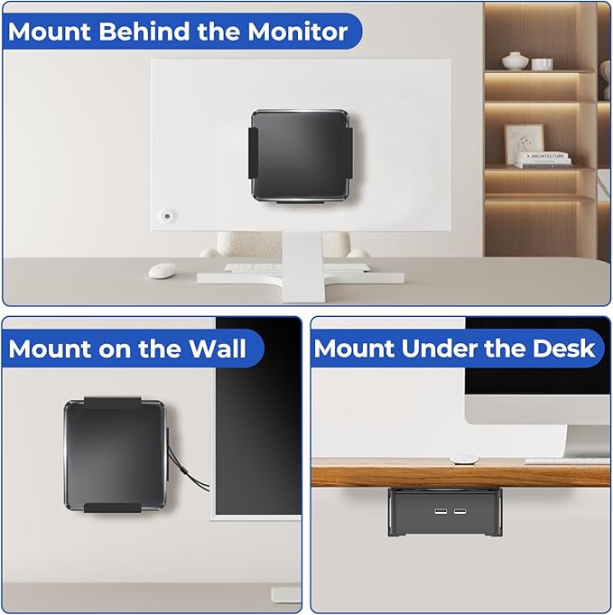 Mini PC Mount for GMKtec VESA Wall and Under Desk Mount for GMKtec G3 Plus/ G1/ M3 Plus/ M2 Mini Desktop Computer Metal Mini Gaming PC Mounting Bracket for GMKtec with Screws and Cable Straps