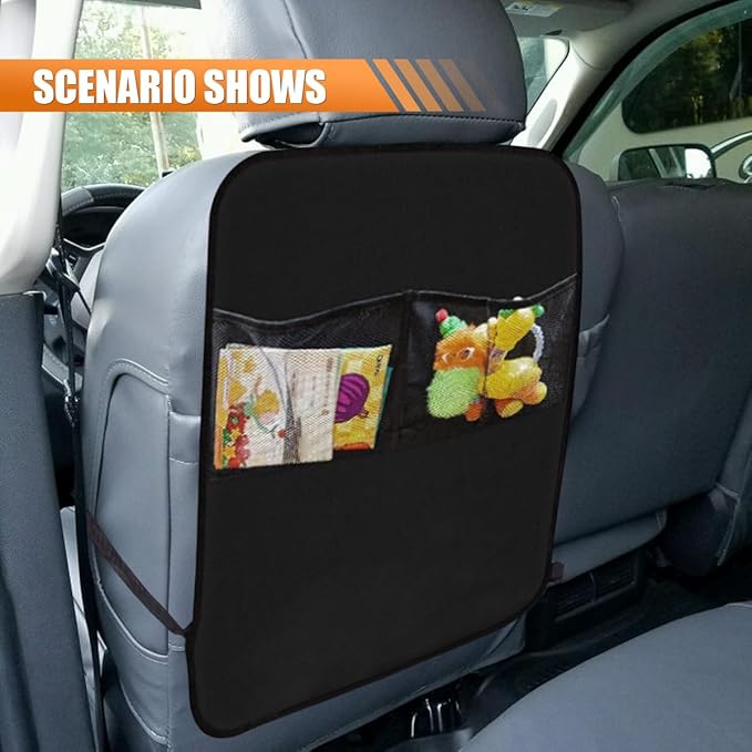 2PCS Car Backseat Organizer - Vehicle Seat Back Protector Kick Mats for Kids - Waterproof Car Back Seat Cover with 2 Storage Pockets - Road Trip Essentials Travel Accessories for Car SUV Truck