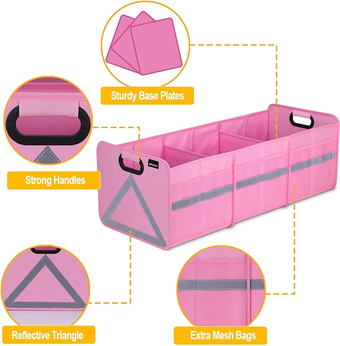 Trunk Organizer for SUV, 65L Large Universal trunk organizers for car with Multi Pockets, Foldable Heavy Duty Collapsible Trunk Storage Organizer with Reflective Stripe