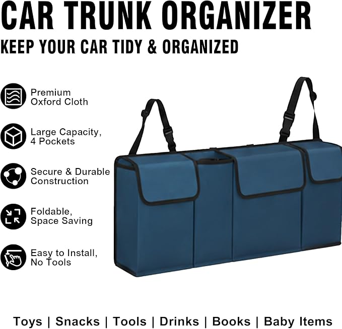 Car Trunk Organizer – Backseat Hanging Large Storage Bag with Adjustable Straps, Waterproof Collapsible Cargo Organizer with 4 Pockets, Space-Saving Trunk Storage for SUV Truck MPV (Blue)