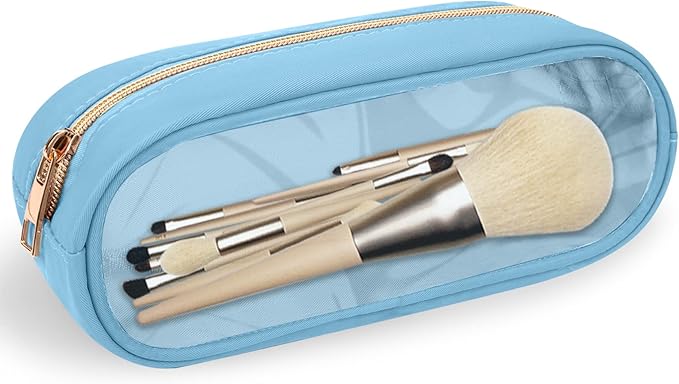 Small Clear Makeup Bag Slim Pencil Pouch, Cute Pencil Case Makeup Bag Preppy Cosmetic Zipper Pouch for Purse, Transparent PVC & Nylon Travel Toiletry Clutch Coin Pouch Makeup Brush Bag for Women(Blue)