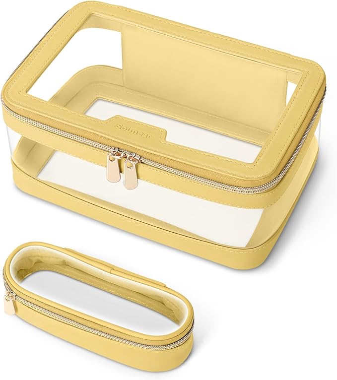 Soimeat Travel Clear Makeup Bag with Makeup Brush Bag, Leather Makeup Case Toiletry Bag, Portable Cosmetic Bag Case, Transparent Waterproof Cosmetic Organizer Storage Bag for Women, Yellow