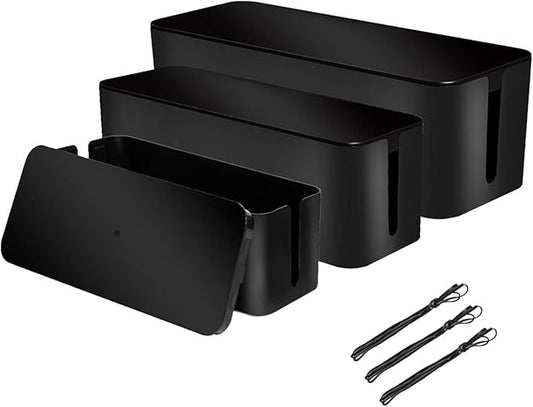 [Set of 3] 3 Cable Management Boxes + 3 Wire Ties, Large Cord Box Organizers to Hold and Hide Power Strip Charger Adapter Power Cord Charging Station USB HUB (Black)