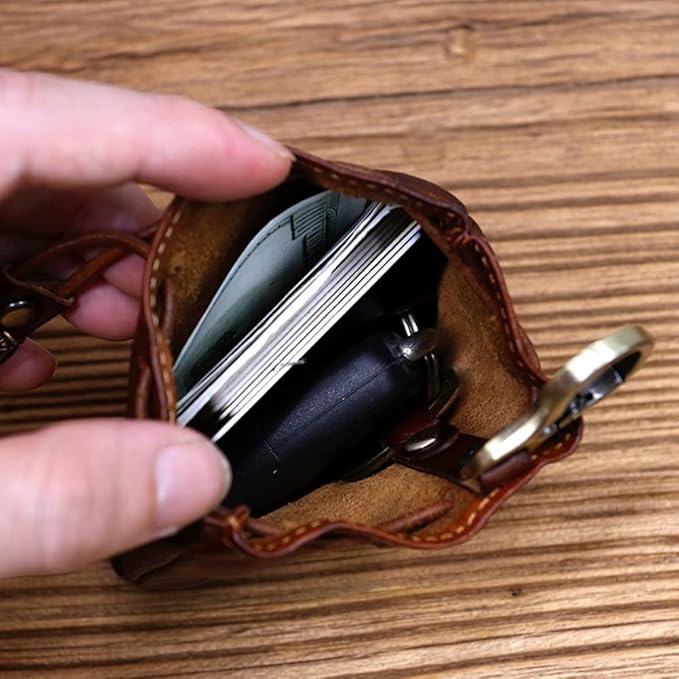 1 Pcs Leather Mini Medieval Pouch Keychain, Coin Organizer, Change Holder, Leather Drawstring Pouch for Men & Women