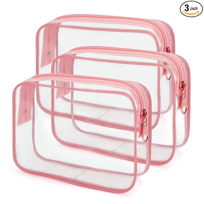 Wedama TSA Approved Toiletry Bag, Cosmetic Bags 3 Pack with Zipper Carry on Airline Airport Travel Accessories, PVC Makeup Bags for Travel, Quart Size Travel Bags for Men and Women-Pink