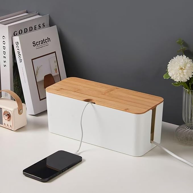 Vehamljyn Cable Management Box Wire Organizer for Home Desk Power Strip Hiding (White)