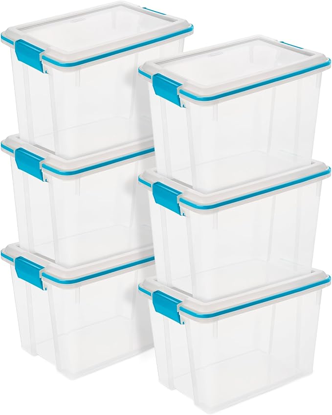 Sterilite 6-Pack Gasket Box, Weather-Resistant Storage Bins with Latching Lids, 20 Quart - Heavy-Duty Organizing Containers for Closet, Bathroom, and Office