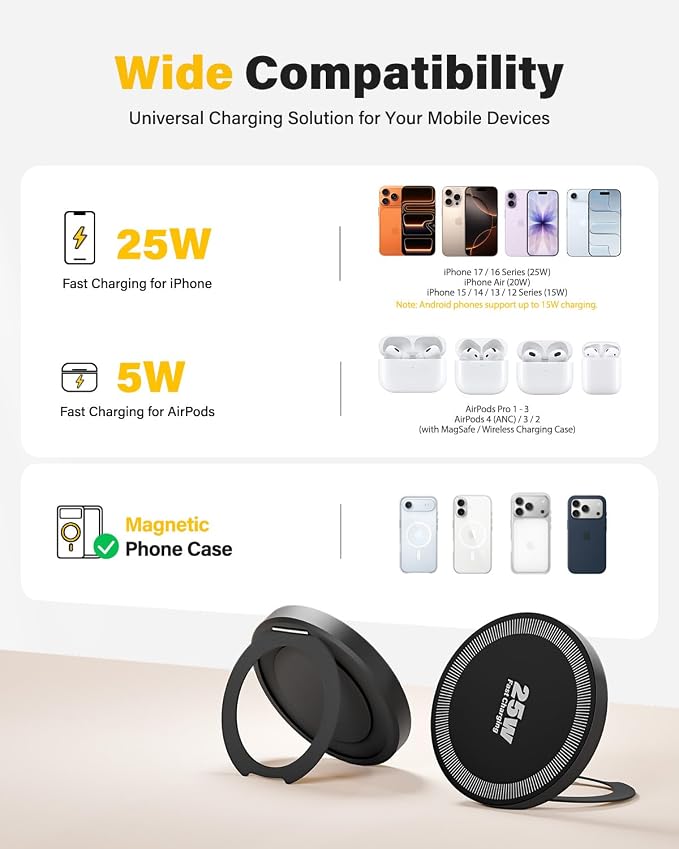 Magnetic Wireless iPhone Charger Fast Phone Charger with Kickstand, 6FT 25W Fast Phone Charging Pad Wireless Magnetic Charge for iPhone 17/17Air/16 Pro Max/16 Plus/15 Pro Max/AirPods3/2/Pro Black