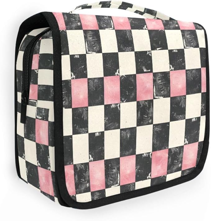 Hanging Travel Toiletry Bag White Black Pink Plaid Kit Makeup Case Cosmetics Organizer for Men Women