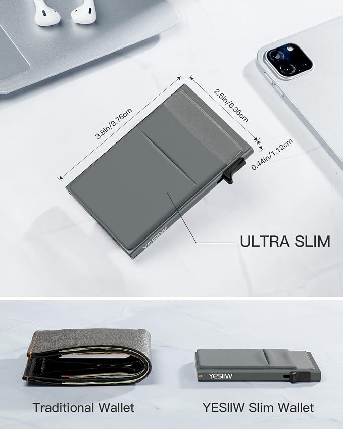 YESIIW Auto Pop up Credit Card Holder with Money Pocket Minimalist Business Card Wallet RFID Blocking for Men Smart Slim Aluminum Metal Debit Card Case Gifts For Dad Fathers | Space Grey