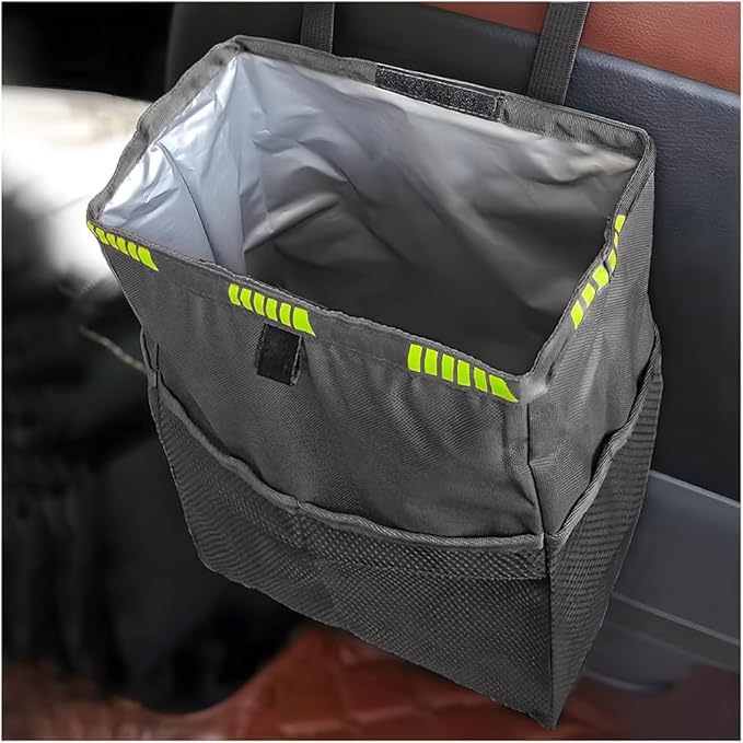 Hanging Car Trash Can with Storage Pockets, Waterproof Leakproof Automotive Garbage Bag, Washable Foldable Large Capacity Vehicle Trash Bin, Universal for RV, SUV, Truck (Black)