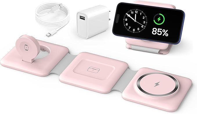 Charging Station for Apple Multiple Devices: 3 in 1 Foldable Magnetic Wireless Charger Stand - Travel Charging Dock Compatible with iPhone 16 15 14 13 12 Pro Max Plus Apple Watch AirPods