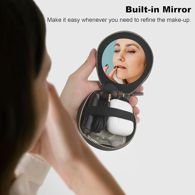Bocasal Coin Pouch Mini Lipstick Cosmetic Bag with Airtag Holder Mirror, Leather Zipper Travel Makeup Bag Organizer Keychain Ring Clasp for Keys Earbuds Earphone Lip Gloss Chapstick Women Girl (Black)