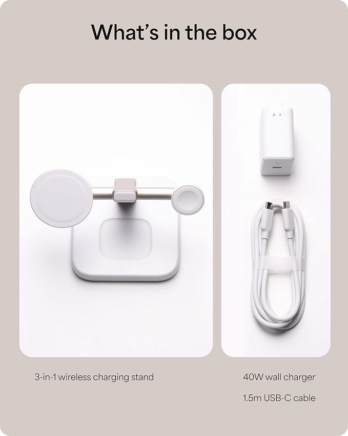 Mophie 3-in-1 Wireless Charging Stand - Qi2-Certified, MagSafe Charger for iPhone, Apple Watch & AirPods – Fast Charging Station with Adjustable Phone Stand & Cable Management – Up to 15W Power, White