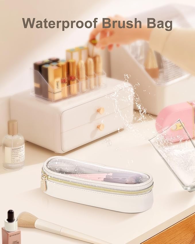 Soimeat Clear Travel Makeup Brush Holder, Leather Makeup Brush Toiletry Bag, Portable Cosmetic Brush Case, Transparent Waterproof Makeup Brush Storage Bag, White