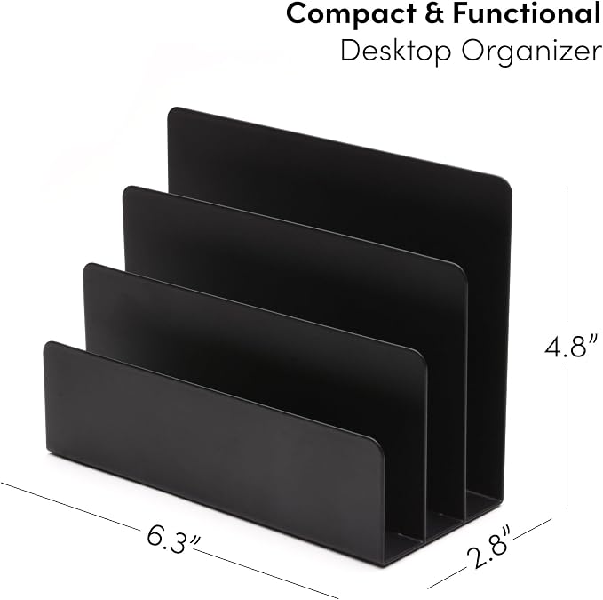 xympo Desktop Mail Organizer – 3-Slot Black Metal Letter Holder and Bill Sorter for Office and Home