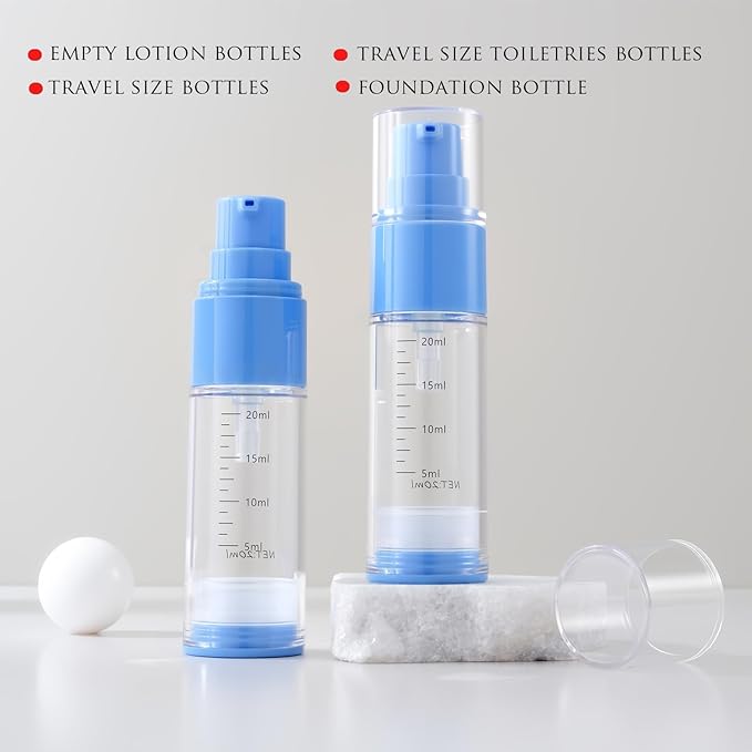 0.7oz/20ml Travel Airless Pump Bottles, 5 Pack Refillable Vacuum Cosmetic Containers with Clear Organizer Case & Labels, Small Lotion Dispenser Bottles for Skincare, Toiletries & Cosmetics
