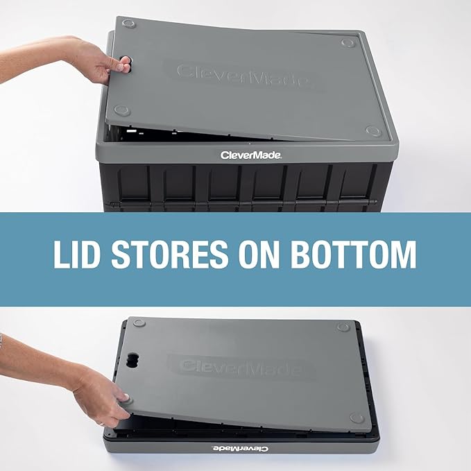 CleverMade Collapsible Storage Bins with Lids (62L, 3 Pack) – Heavy Duty Foldable Plastic Storage Crates for Garage, Closet & Trunk Organization - Stone