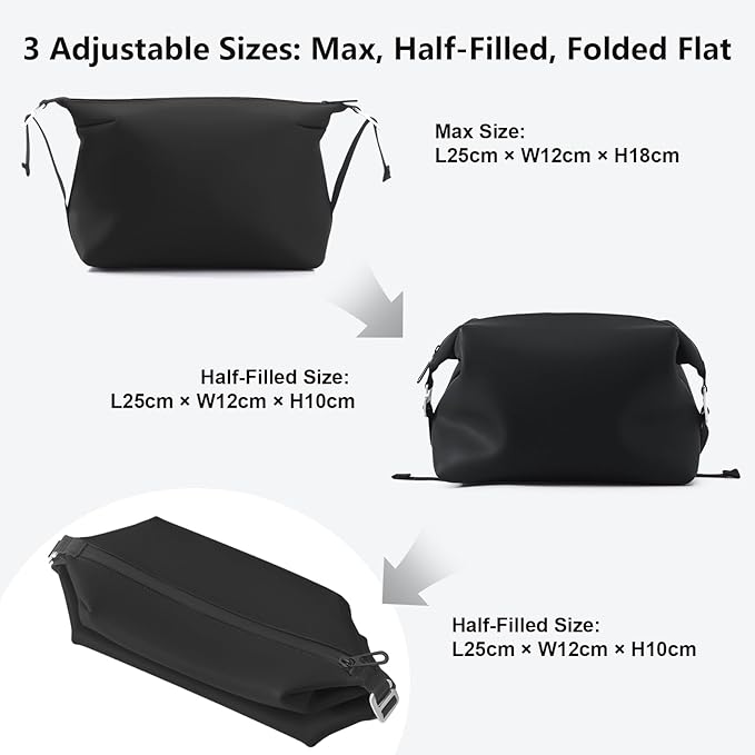 Vomgomfom 3L 6.5 Inch Silicone Toiletry Bag, Waterproof Leakproof Travel Cosmetic Organizer, Adjustable G-Buckle Compression Dopp Kit, Foldable Makeup Bag for Women & Men, Black